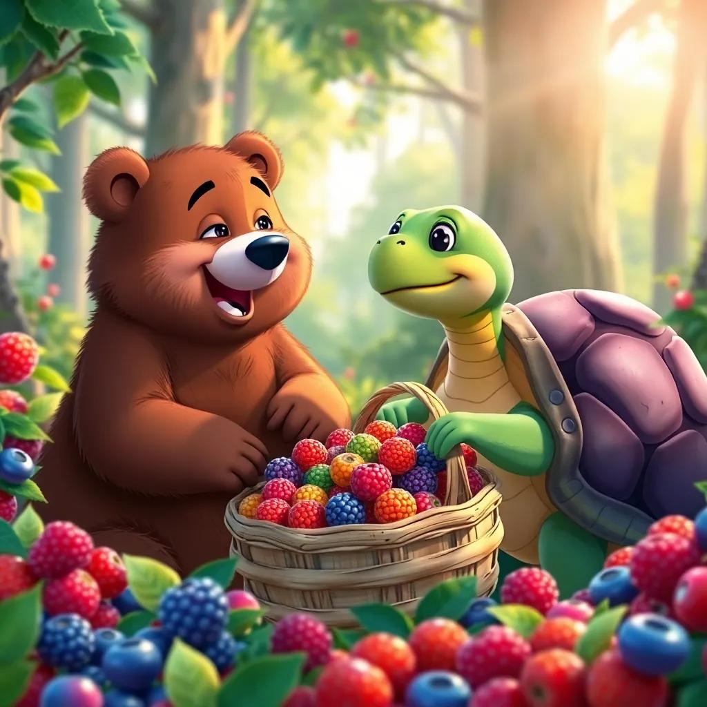 Bobby the Bear and the tortoise picking big juicy berries together, laughter filling the air, their basket overflowing with colorful fruits, a beautiful forest backdrop with sunlight shining, friendly and engaging scene, delightful illustration, colorful and vivid