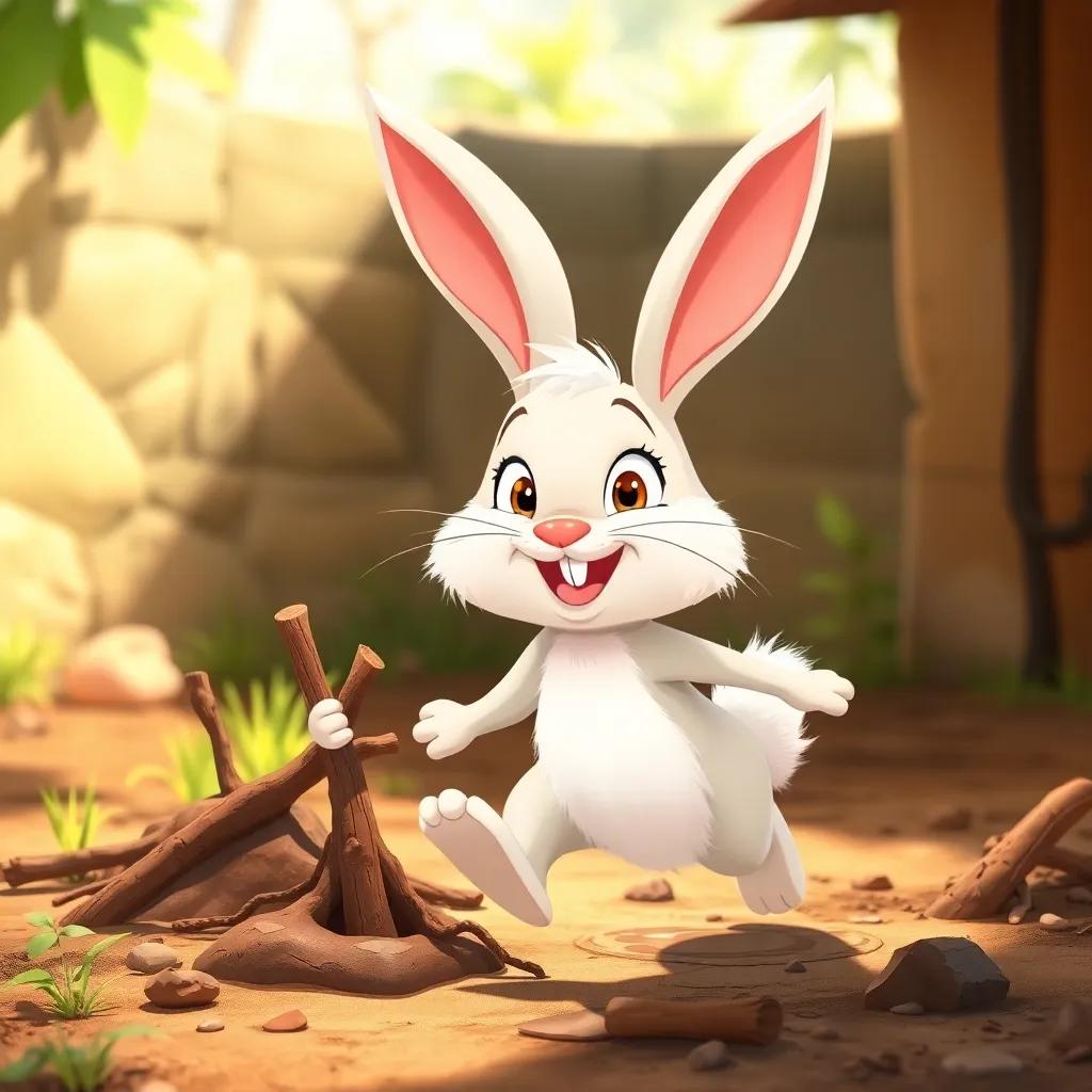 A cheerful bunny, Bella, with fluffy white fur and a pink nose, hopping around gathering sticks and mud with a big smile, bright sunlight shining down, lively scene, illustration, warm colors, high quality