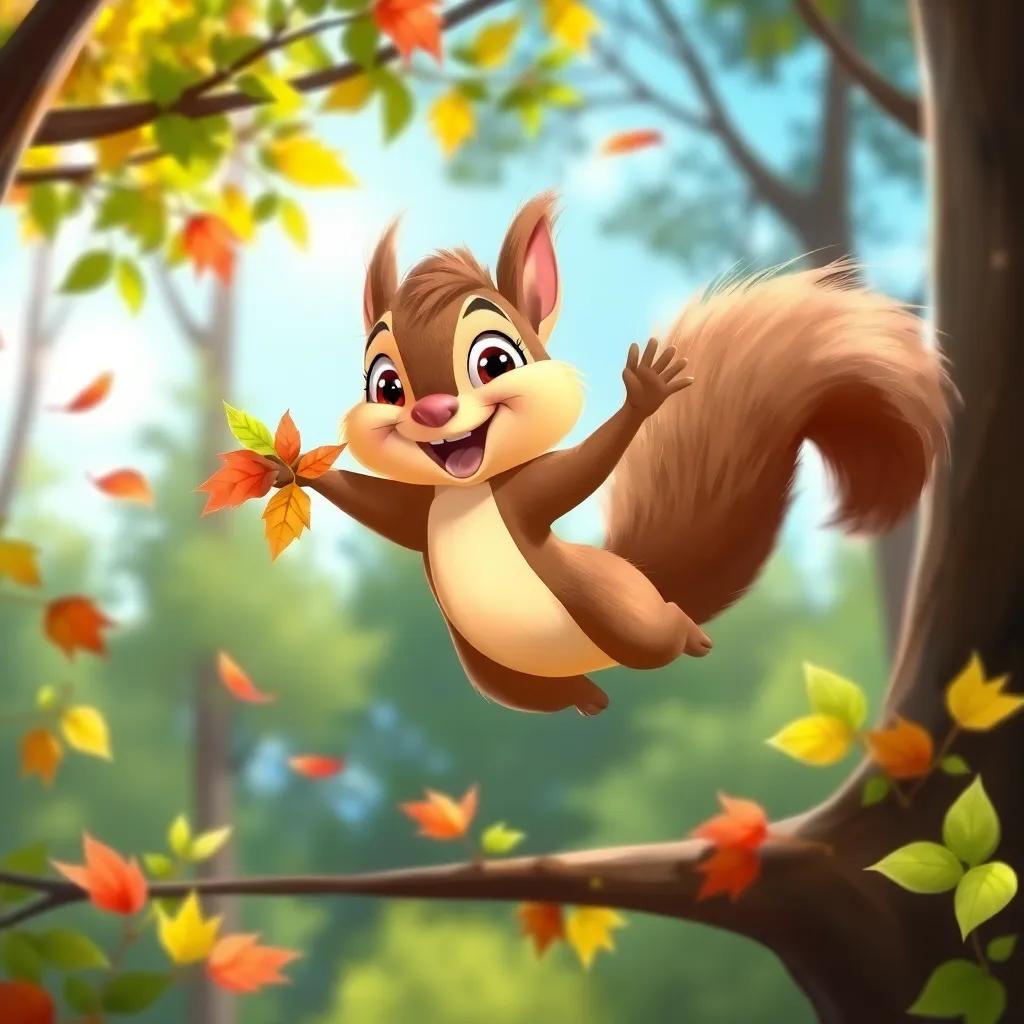 A playful squirrel, Sammy, with bushy tail and wide eyes, jumping from a branch to gather colorful leaves, surrounded by trees and sunlight, vibrant colors, joyful expression, charming illustration, high quality