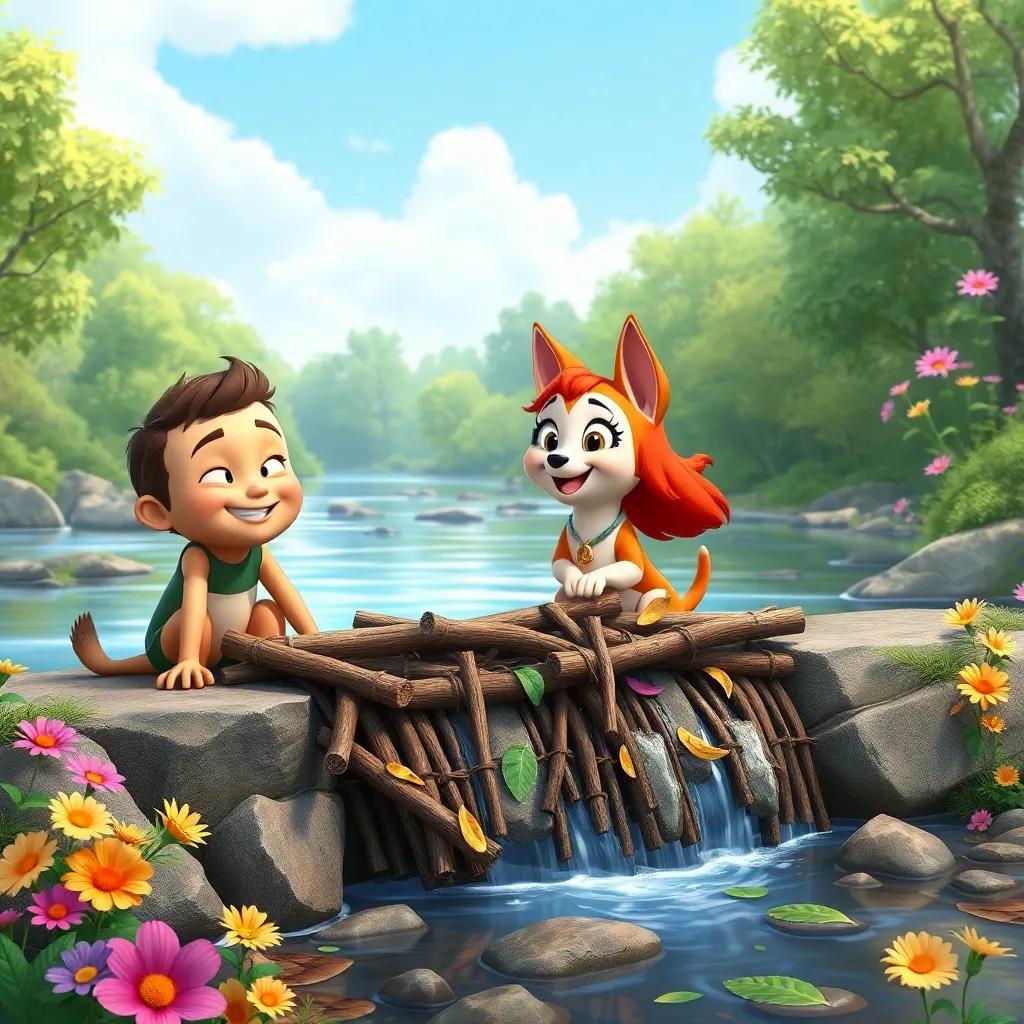 Bobby, Bella, and Sammy working together at the riverbank, smiling and building a big dam with sticks and leaves, colorful flowers around, teamwork in action, joyful atmosphere, colorful digital art, high quality