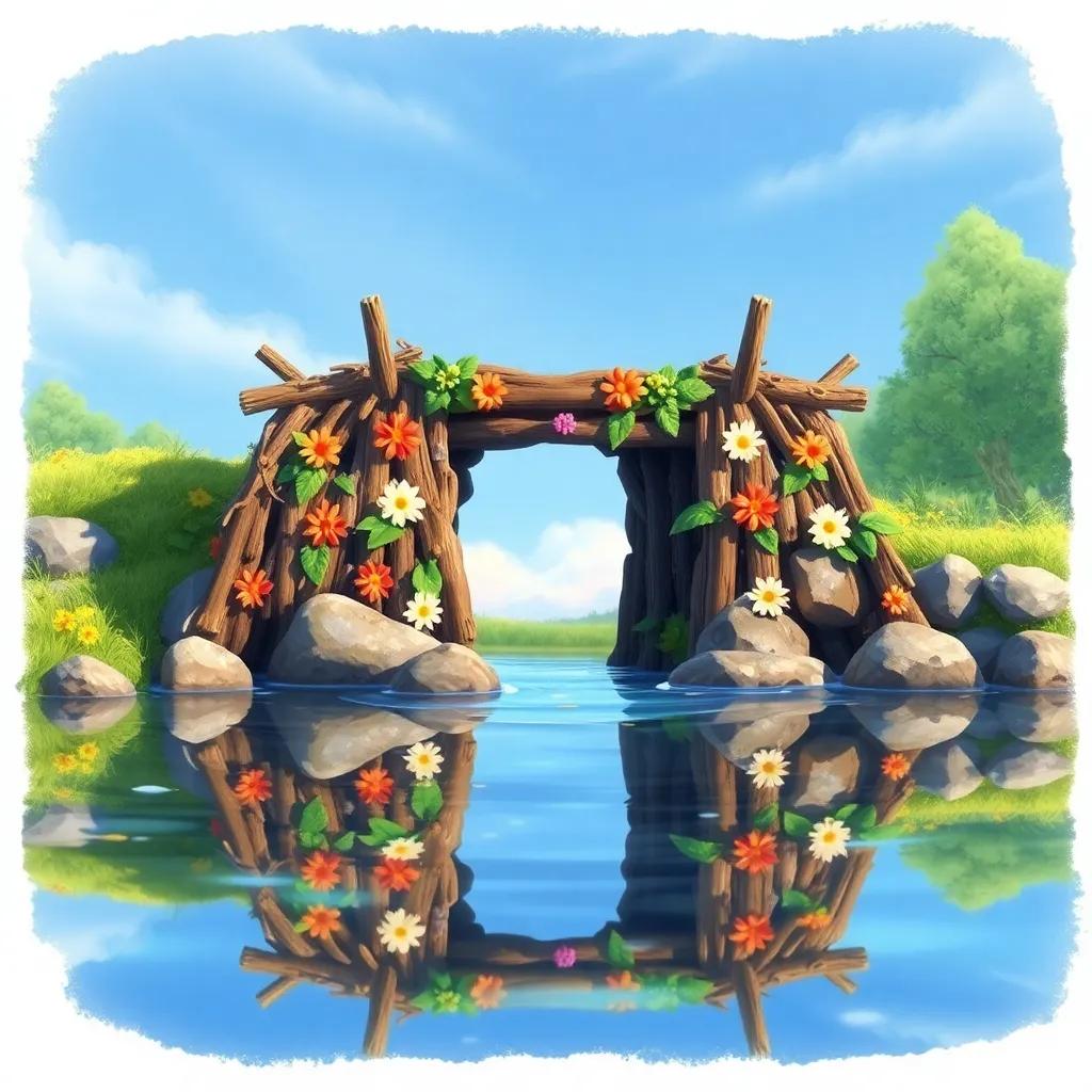 The completed dam, made of sticks and leaves, beautifully decorated with flowers by Bobby, Bella, and Sammy, reflecting in the water with a blue sky above, cheerful and bright, illustration, magical atmosphere, high quality