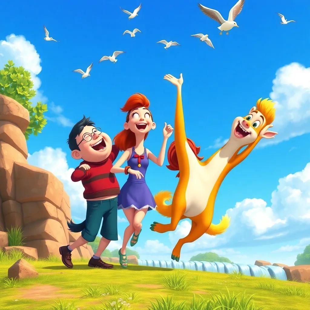 Bobby, Bella, and Sammy celebrating their finished dam, dancing and laughing together under a bright blue sky with birds flying, joyful expressions, surrounded by nature, colorful scene, cheerful vibe, illustration, high quality