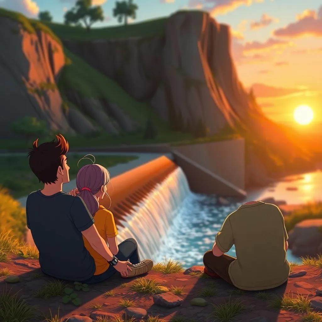 The friends resting by their dam, looking at the water flowing peacefully, a sunset in the background, warm light, feeling proud and happy with their work, heartwarming scene, beautiful colors, high quality