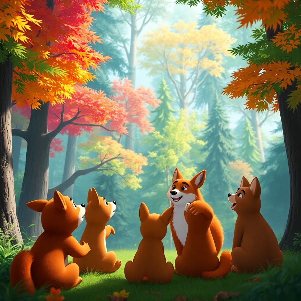 Bobby sharing what he learned about teamwork with other forest animals, gathered around them, vibrant trees, all feeling inspired, bright atmosphere, joyful energy, digital art, high quality