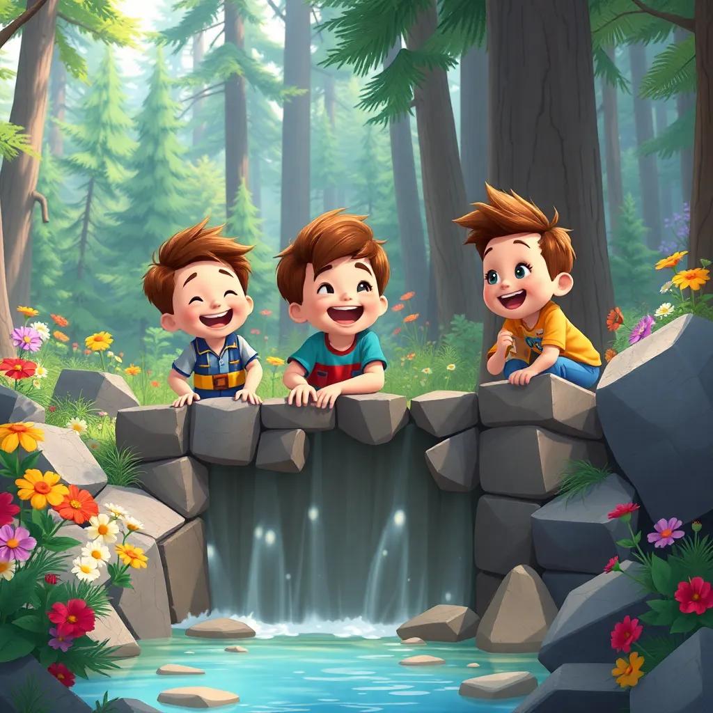 Bobby and his friends building more dams together with laughter and excitement, the forest full of colorful flowers and trees, showing their bond, bright colors, cheerful vibe, illustration, high quality