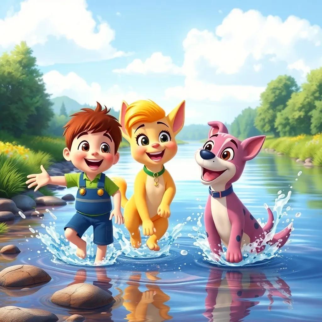 Bobby, Bella, and Sammy happily playing near the river, splashing in the water, enjoying their friendship forever, colorful and vibrant, joyful scene, high quality