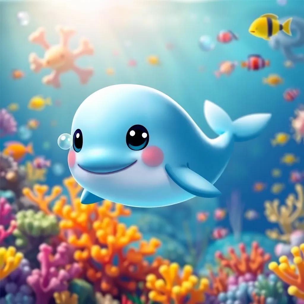 A brave little whale named Bobby with bubbly blue skin swimming in a vibrant ocean full of colorful coral and fish, digital art, bright colors, cheerful atmosphere, high quality
