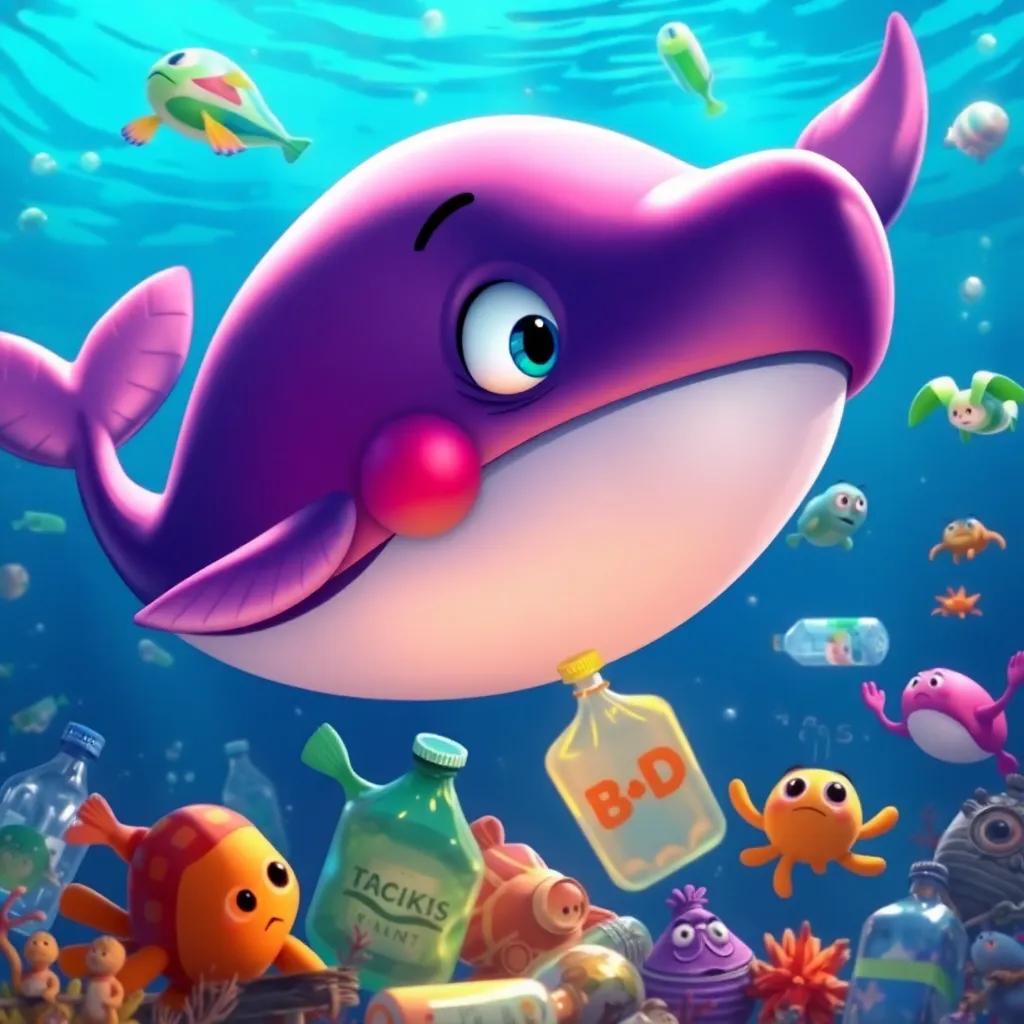 Bobby the whale looking concerned as he sees trash like plastic bottles and bags floating in the ocean, with worried sea creatures around him, colorful, detailed, engaging perspective, vivid
