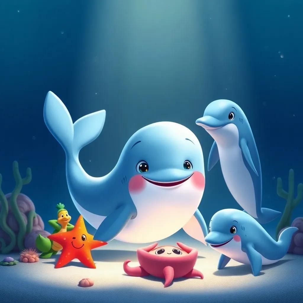 Bobby the whale, surrounded by his friends: Sally the starfish, Tommy the turtle, and Penny the dolphin, all smiling and planning how to clean the ocean, lively scene, child-friendly, inviting light, high quality