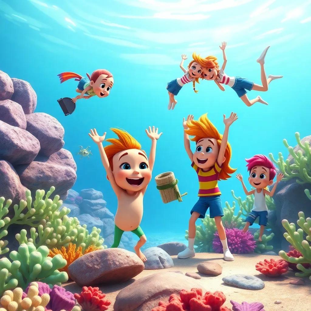 Bobby and friends near a coral reef, where Sally is using her arms to scoop trash, Tommy is carrying big items, and Penny is doing flips, teamwork in action, colorful, fun environment, high detail