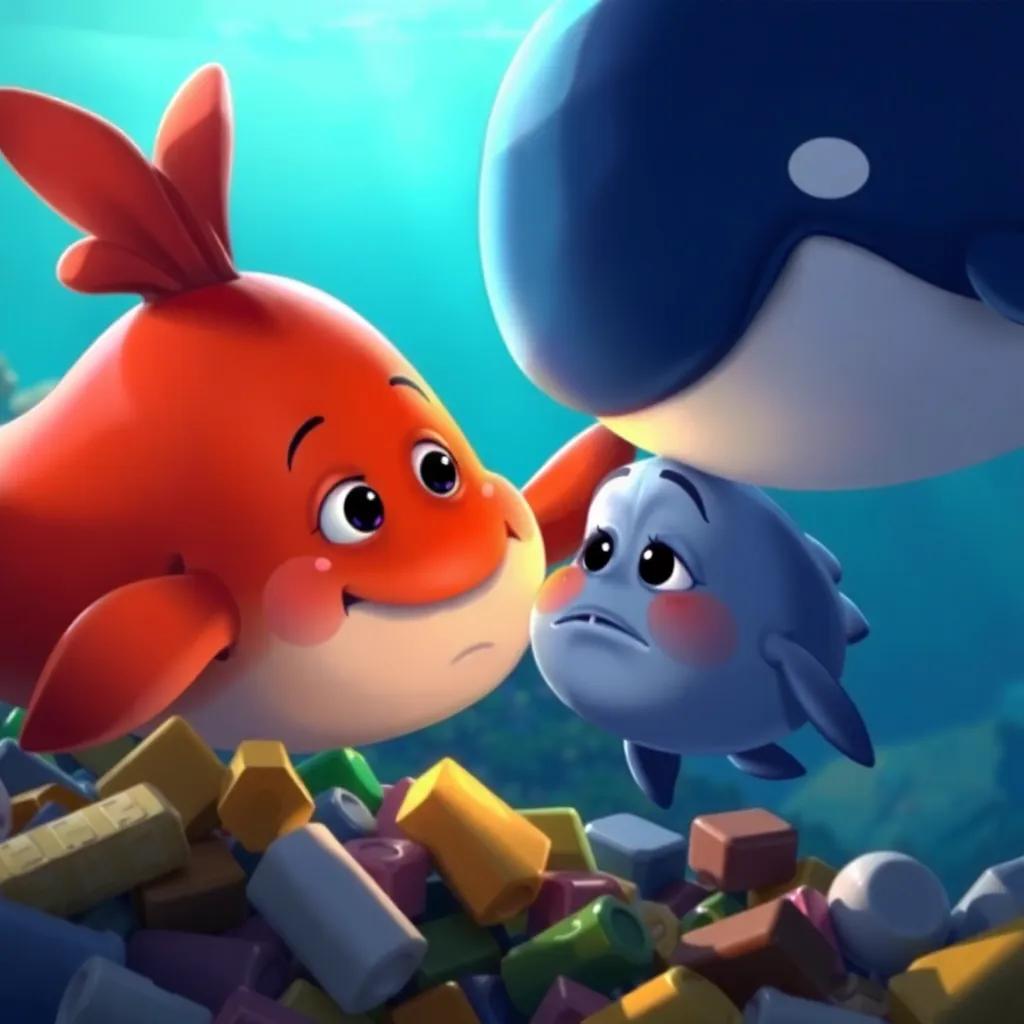 Bobby the whale comforting Gary the grouper fish, who looks sad as he searches for his home among the garbage, heartfelt scene, vibrant underwater colors, emotional expression, stylized