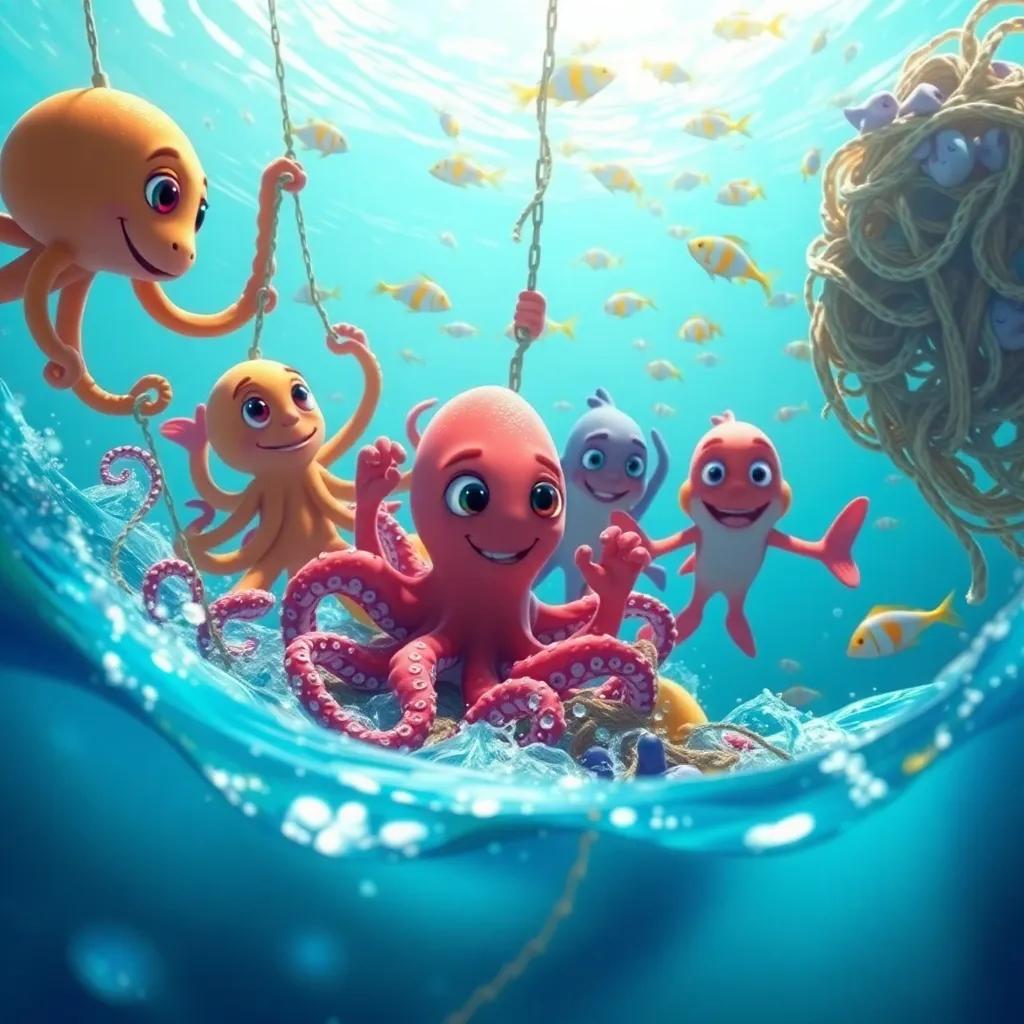 The team of sea creatures working together, pulling trash from the ocean, with octopuses untangling nets and schools of fish guiding the effort, collaborative spirit, bright and colorful setting, joyful