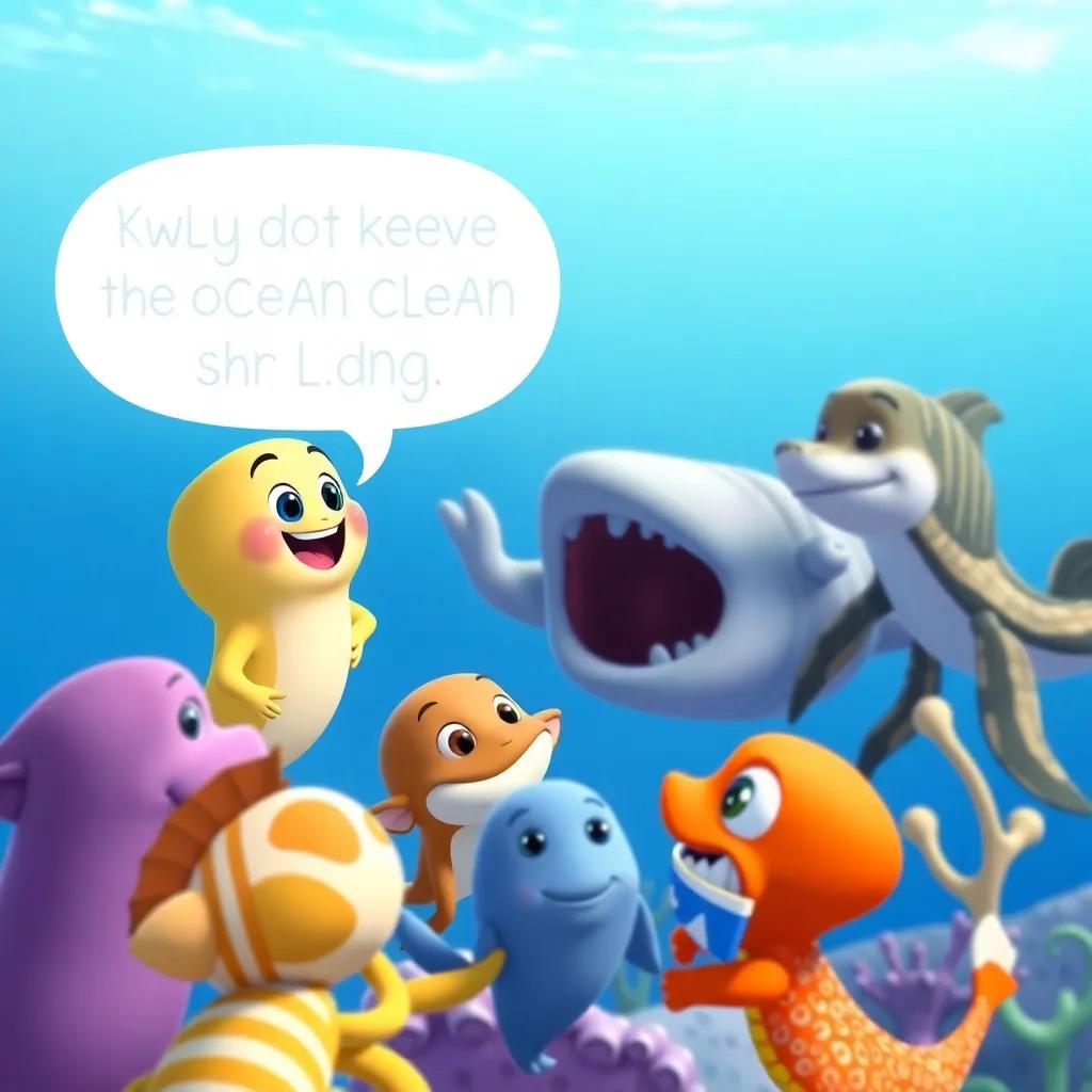 Bobby teaching sea animals about keeping the ocean clean, showing them the importance of teamwork with a happy smile, educational theme, clear blue background, inviting