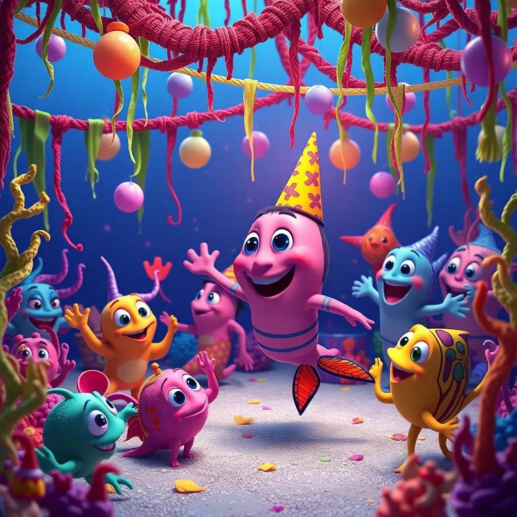 Bobby and his friends during their celebration, with decorations made from seaweed and shells, all the sea creatures dancing and having fun together, colorful and festive, rich colors