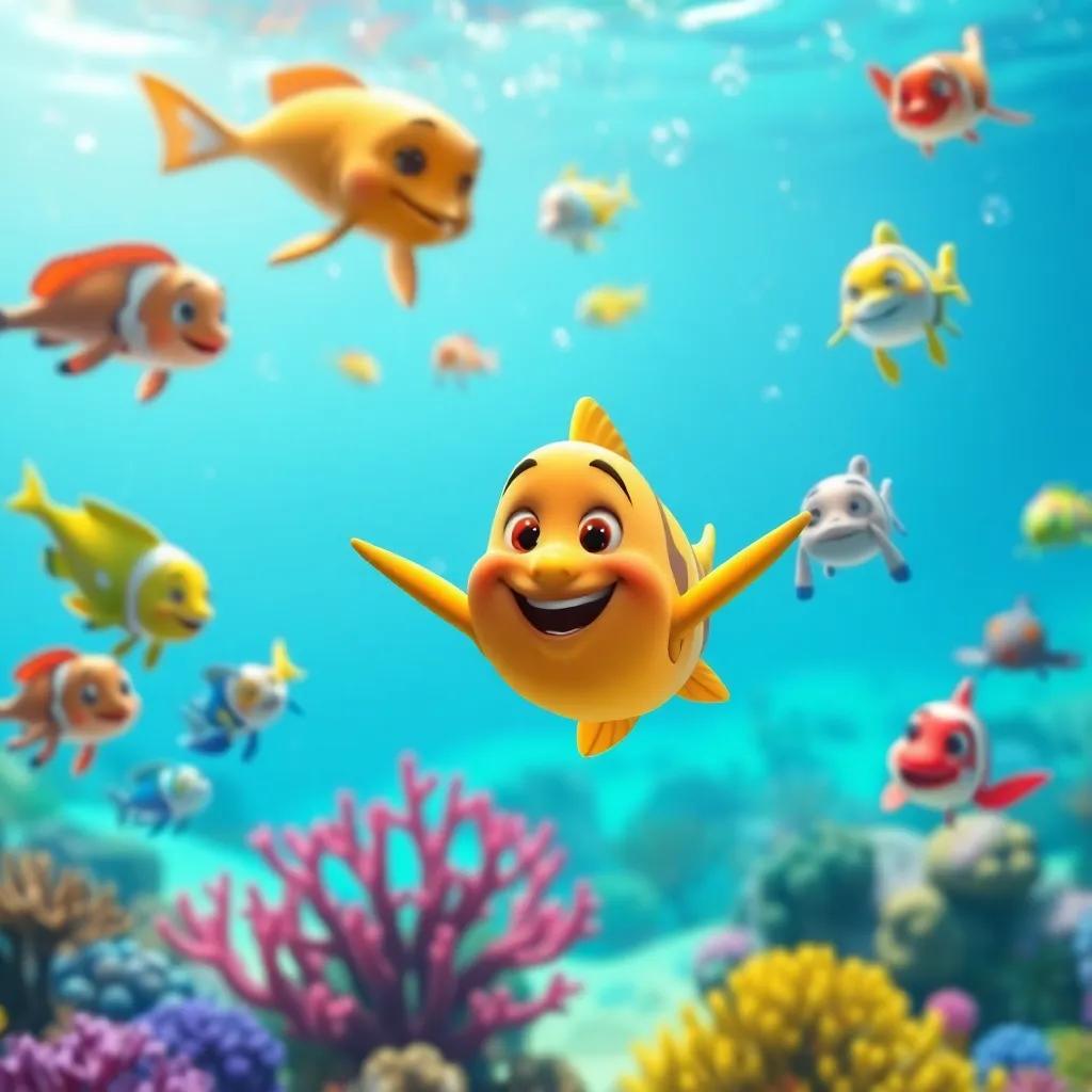 Bobby swimming proudly in the cleaner ocean, with all his sea friends around him, looking happy and energetic, beautiful oceanic scenery and colorful reef, uplifting moment