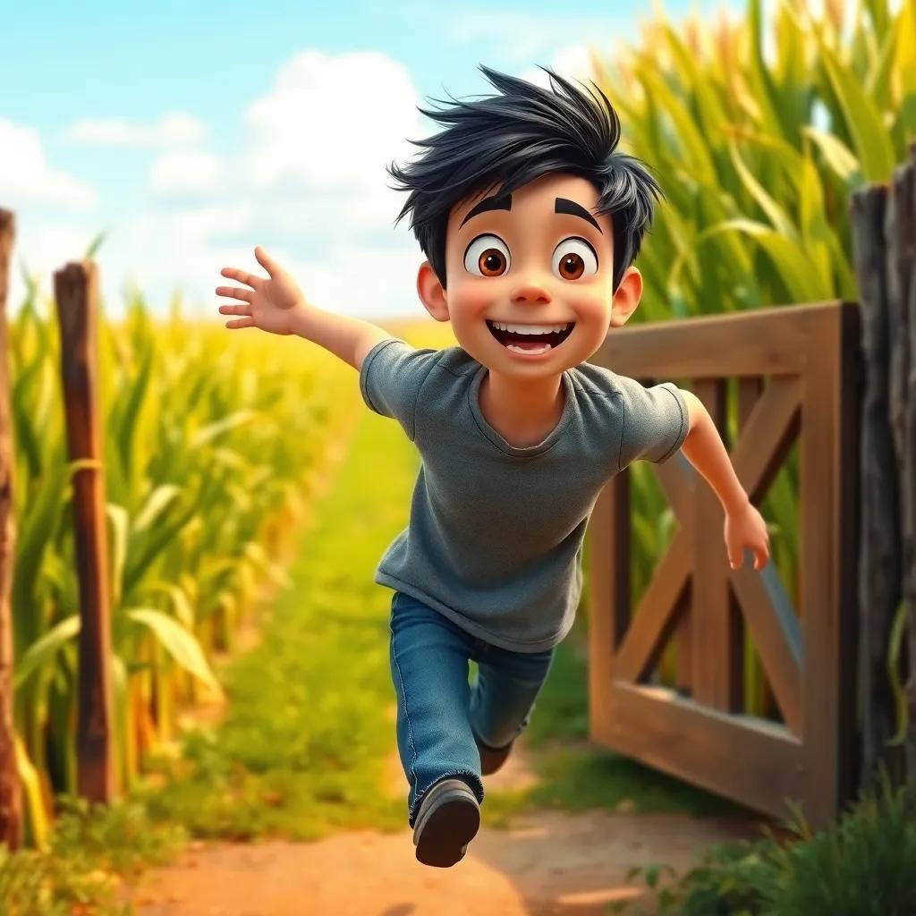 A young man, Bob Newton, with short black hair, wearing a simple gray shirt and jeans, looking excited as he dashes through an opened gate towards a cornfield, digital art, vibrant colors, dynamic movement, sense of freedom, high quality