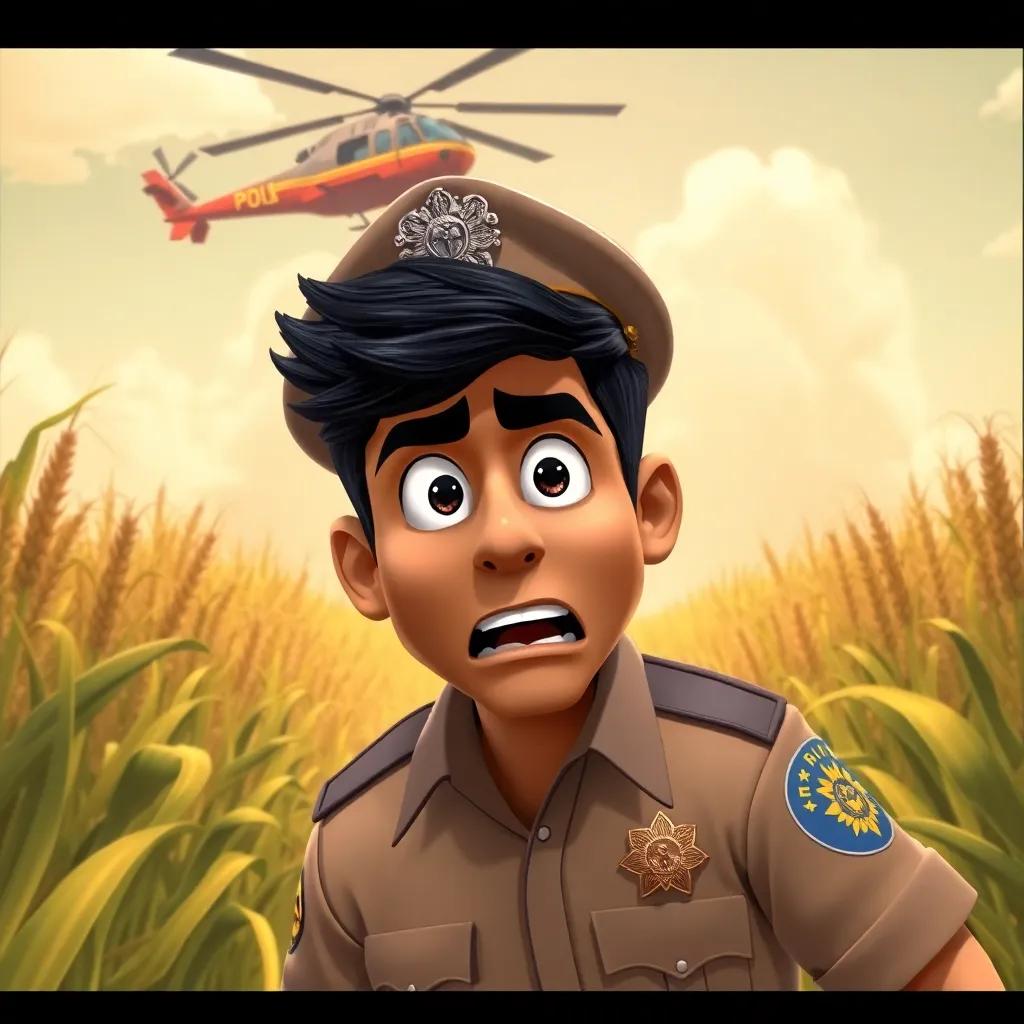 A police deputy, Royjindar Singh, with short black hair, wearing a sheriff uniform and a hat, looking determined as he shouts towards the cornfield where Bob ran, with a helicopter flying above, illustration, intense and action-packed, bright colors, high quality