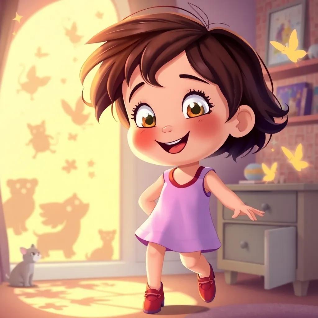Bonnie, a young girl with bright eyes and short brown hair, joyfully dancing with shadows that are turning into animals and fairies in her room, colorful, magical light, whimsical, high quality, enchanting illustration