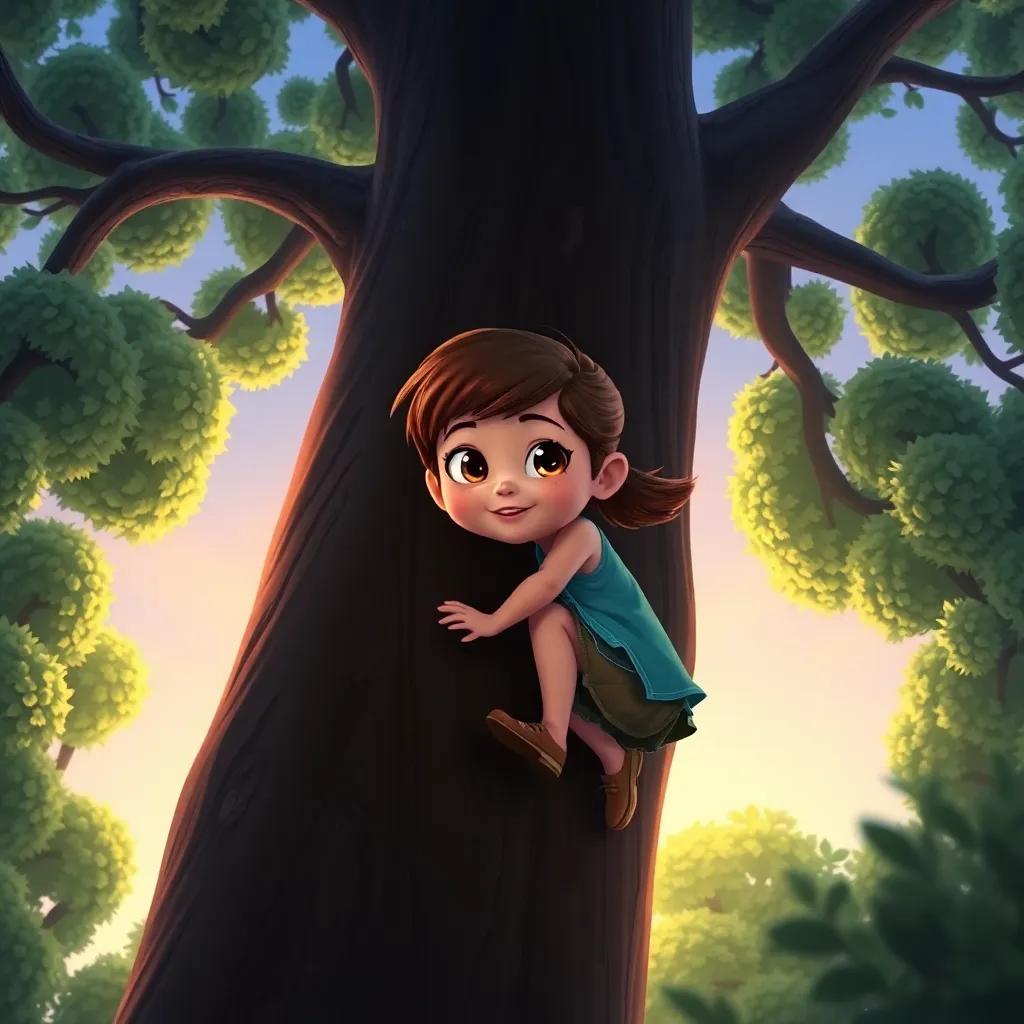 Bonnie, a young girl with bright eyes, climbing up a tall tree with fluffy green leaves, shadows encouraging her from below, adventure-filled atmosphere, twilight colors, high quality, dynamic perspective