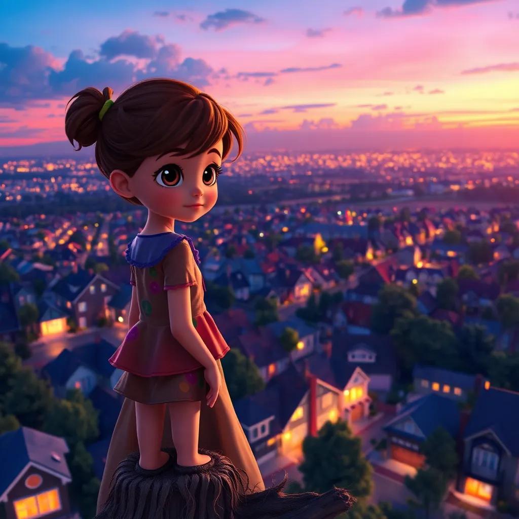 Bonnie, a young girl with bright eyes and a colorful dress, standing at the top of the tree, looking at a sparkling neighborhood under twilight sky, breathtaking view, vibrant colors, captivating perspective, high quality