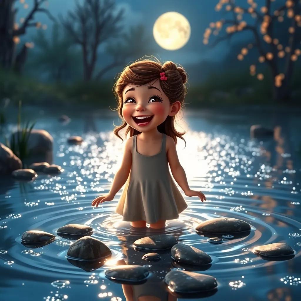 Bonnie, a young girl with bright eyes, laughing and skipping stones on a silver shimmering pond, surrounded by lively shadows, moonlit night, magical colors, joyful ambiance, high quality