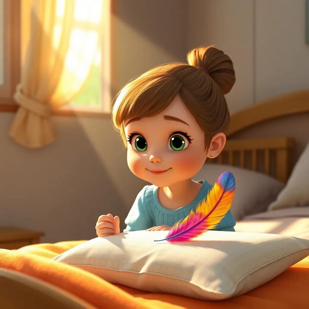 Bonnie, a young girl with bright eyes, sitting in her cozy room with sunlight pouring in, discovering a colorful feather on her pillow, warm morning light, inviting atmosphere, heartwarming, high quality