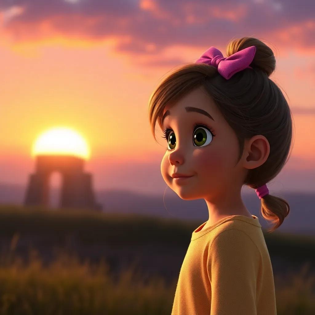 Bonnie, a young girl with bright eyes, eagerly watching the sunset for the dancing shadows to return, anticipation in her expression, vibrant sunset sky, hopeful mood, high quality, engaging perspective