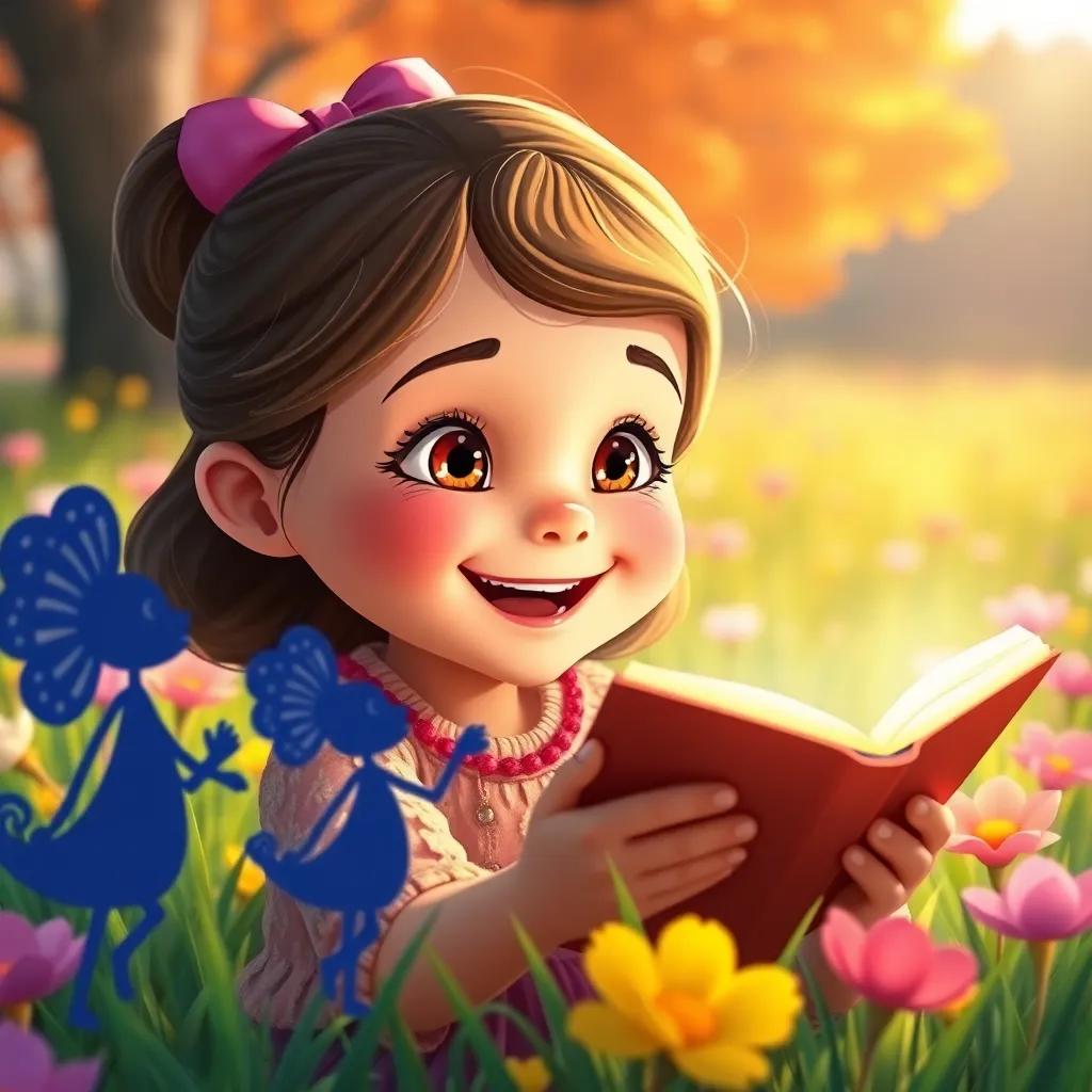 Bonnie, a young girl with bright eyes, joyfully sharing stories with her dancing shadow friends in a beautiful meadow, colorful surroundings, cheerful ambiance, fantasy, high quality