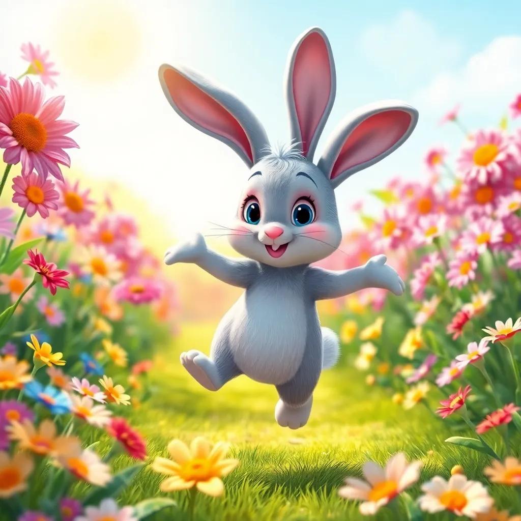 A little gray rabbit named Bouncy Bunny with big floppy ears, jumping happily in a bright flower garden, surrounded by colorful flowers and sunshine, digital art, cheerful colors, playful atmosphere, high quality