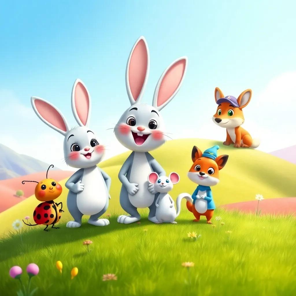 Bouncy Bunny and his friends Lila the ladybug and Sammy the mouse, standing happily by Bunny Hill, with a clever fox named Freddy wearing a small blue cap, colorful hills and a bright blue sky, illustration, whimsical and fun, child-friendly perspective, vibrant