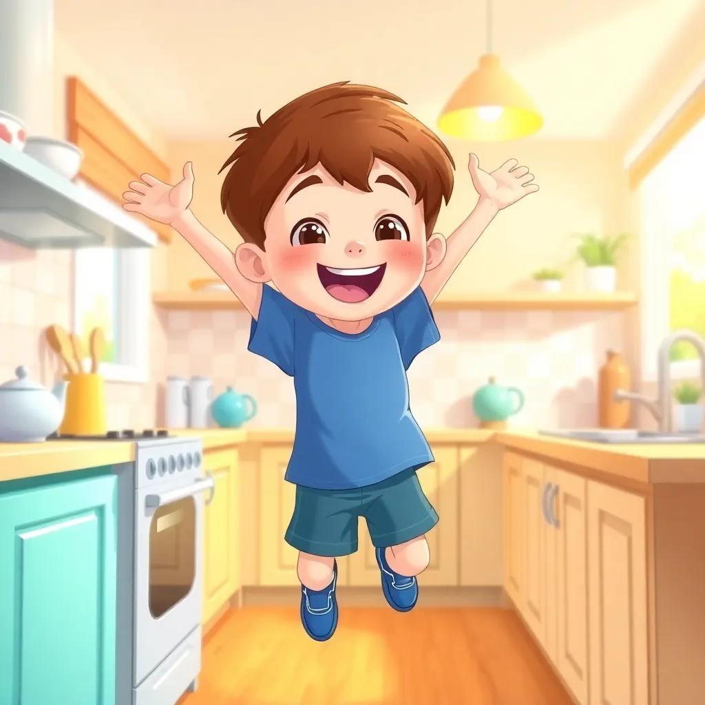 A boy named Sam, a young Caucasian boy with short brown hair, wearing a blue t-shirt and shorts, jumping joyfully in a bright kitchen, digital art, cheerful colors, warm and inviting atmosphere, high quality