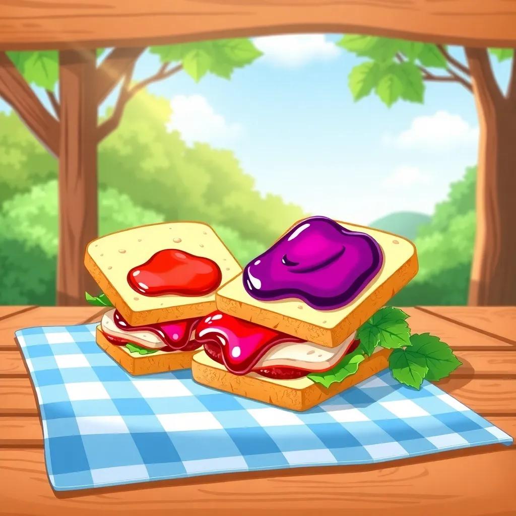 Two sandwiches on a picnic table: one with bright strawberry jelly, another with glossy grape jam, sunlight shining on the sandwiches, surrounded by nature, illustration, cheerful colors, inviting atmosphere, high quality