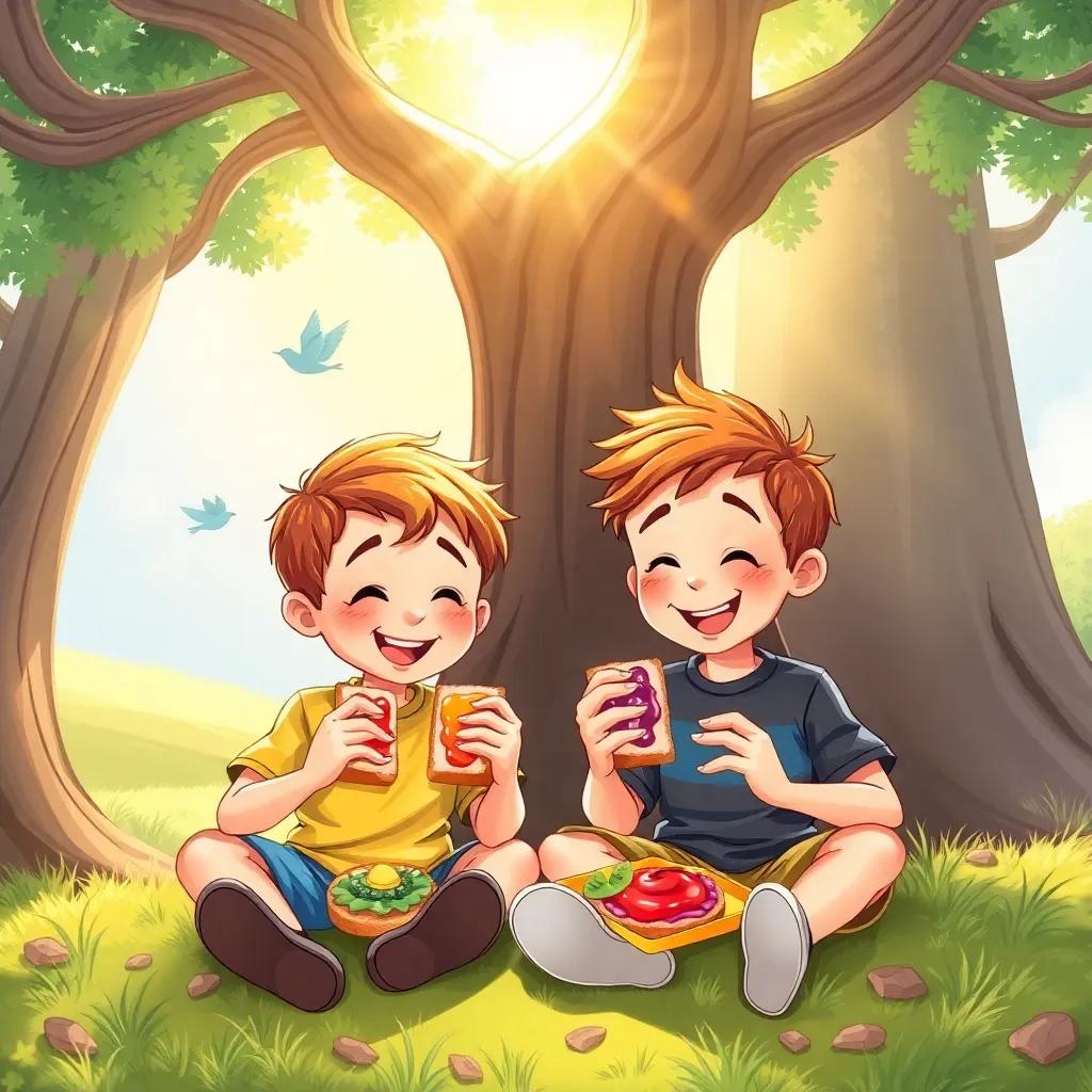 Two boys, Sam and Max, sitting under a big tree, eating colorful sandwiches with jelly and jam, bright sun shining, birds chirping, vibrant colors, joyful scene, realistic style, high quality