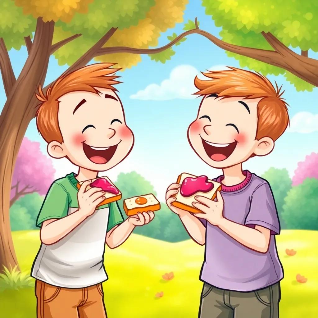 Two boys laughing and swapping bites of their jelly and jam sandwiches, vibrant background of trees and sky, happiness and friendship, illustration, colorful and engaging, high quality