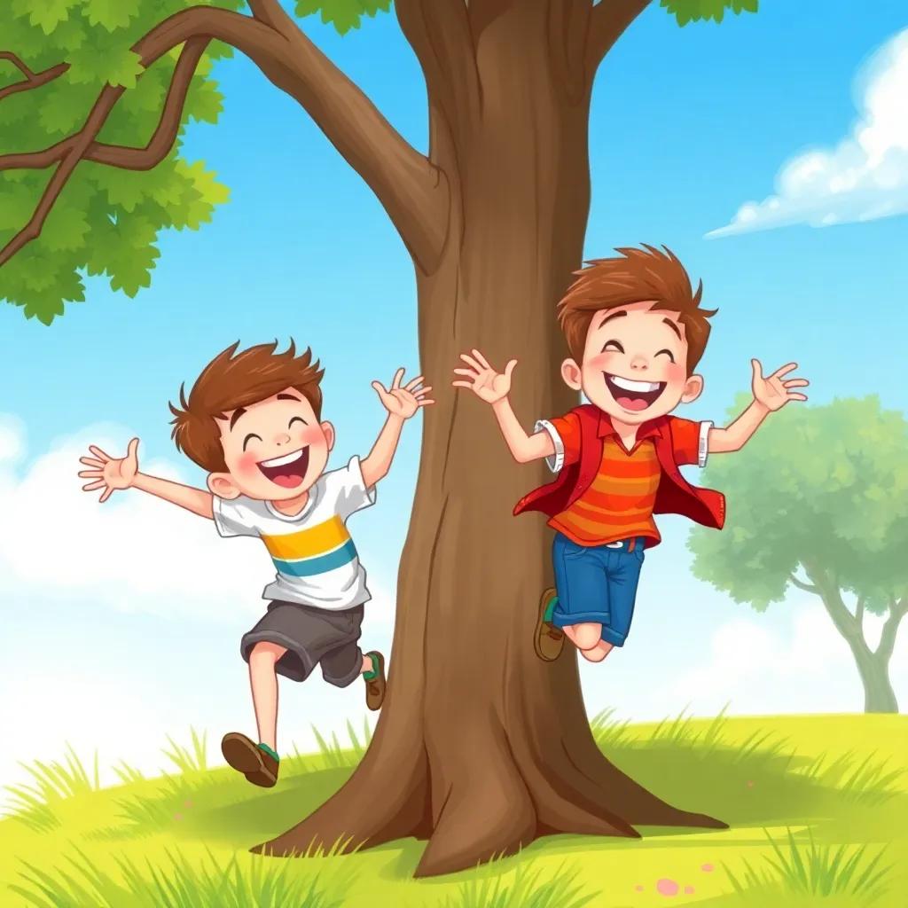 Two boys running around a tree, laughing and playing, with a bright blue sky and green grass around them, joyful atmosphere, digital art, dynamic and energetic, high quality