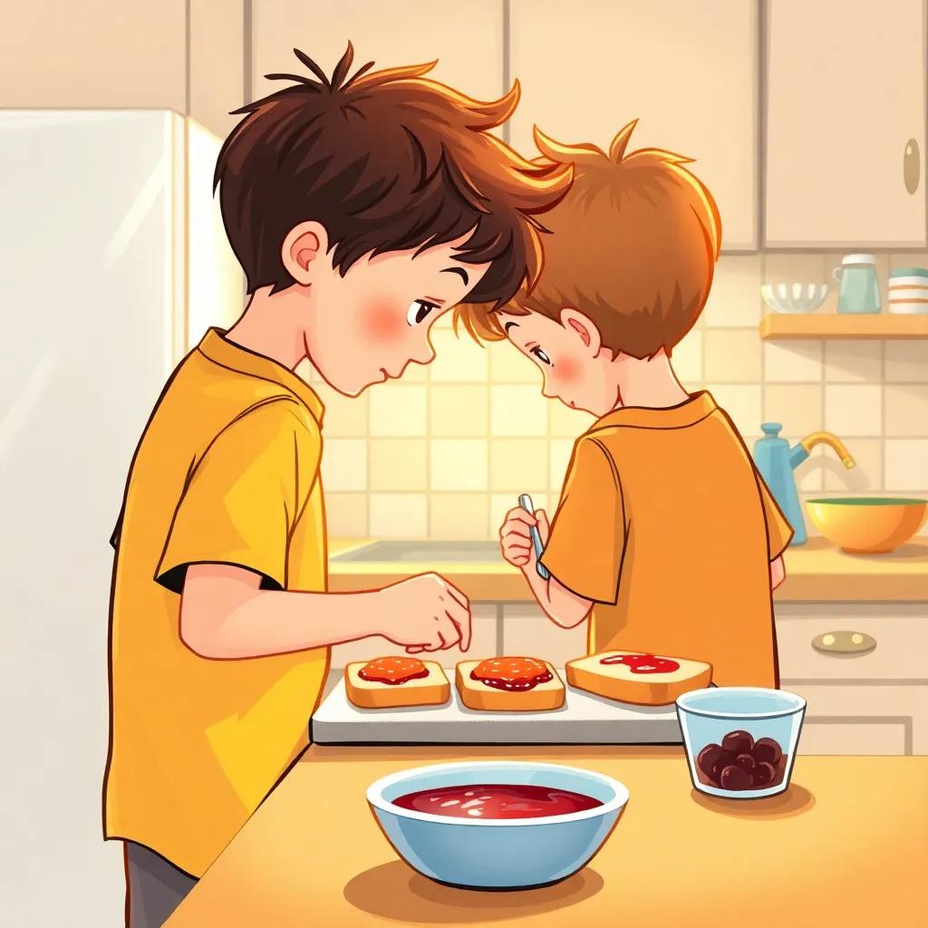 Two boys back in the kitchen, making more sandwiches, mixing jelly and jam on the bread, seen from the side, cozy kitchen setting, warm light, colorful experience, high quality