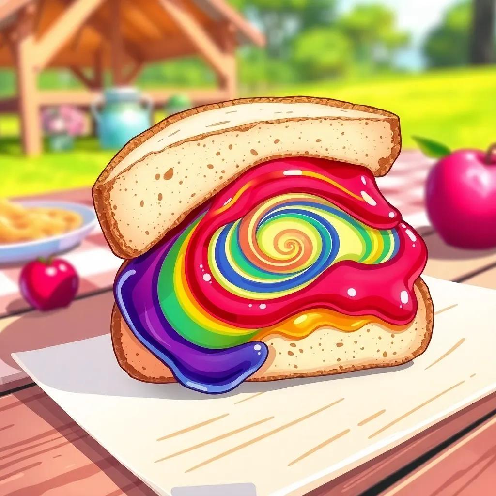 A close-up of a colorful sandwich with swirled jelly and jam, highlighted on a picnic table, sunny day, bright colors and textures, illustration, inviting and delicious, high quality