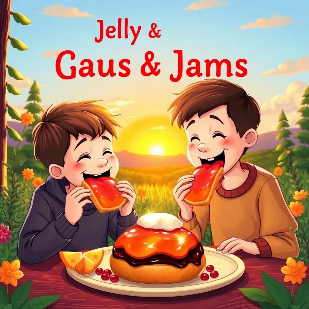 Two boys taking big bites of their jelly and jam masterpiece, smiles on their faces, surrounded by nature, the sunset in the background, warm and friendly atmosphere, vibrant and happy scene, high quality