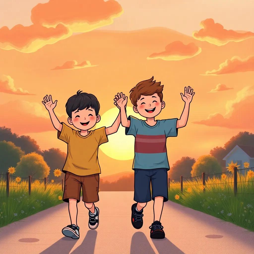 Two boys waving goodbye at sunset, walking home together with smiles, bright orange and pink sky behind them, atmosphere of friendship and fun, illustration, nostalgic and cheerful, high quality
