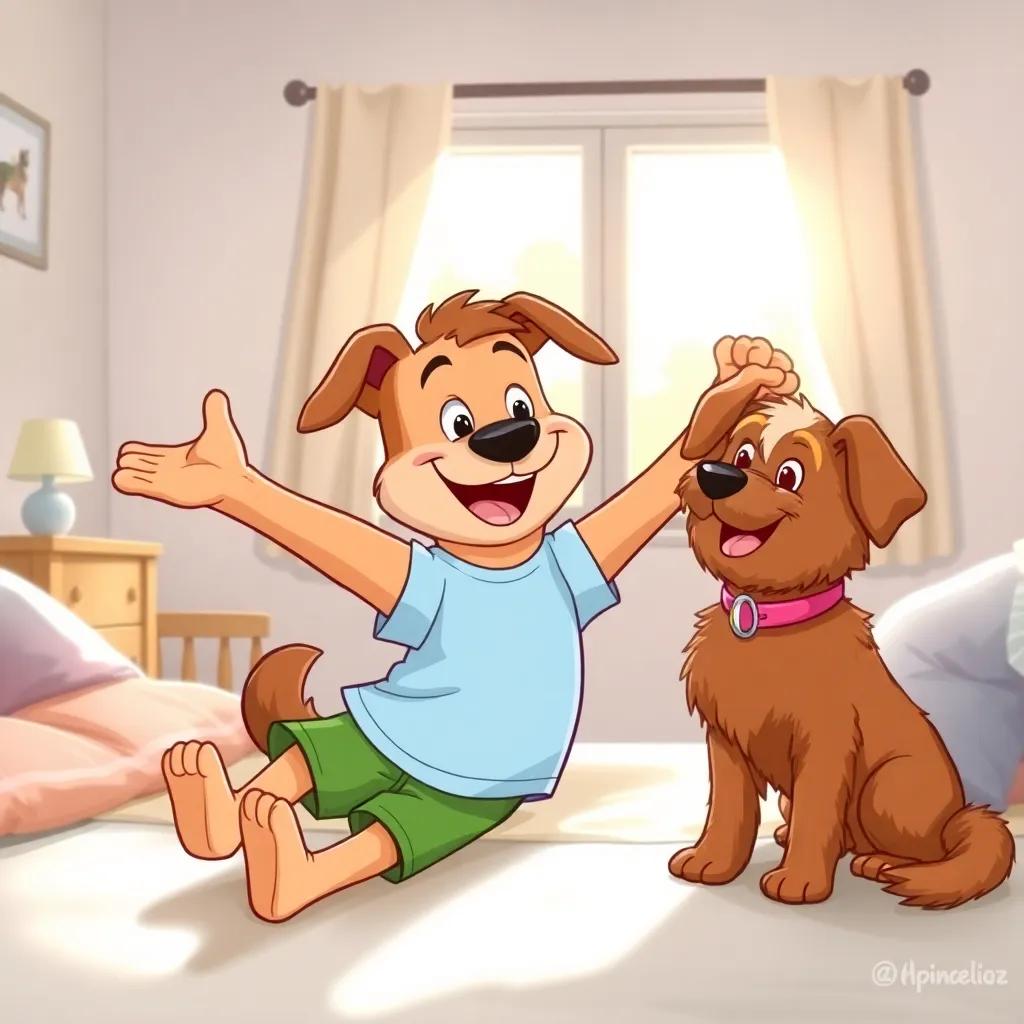 A happy anthropomorphic dog, Bryan, with short brown fur, wearing a light blue t-shirt and green shorts, stretching in a cozy bedroom with Rottie, a fluffy brown dog with a pink collar, smiling and watching the bright sunlight streaming through the window, cheerful atmosphere, vibrant colors, cute and playful, high quality