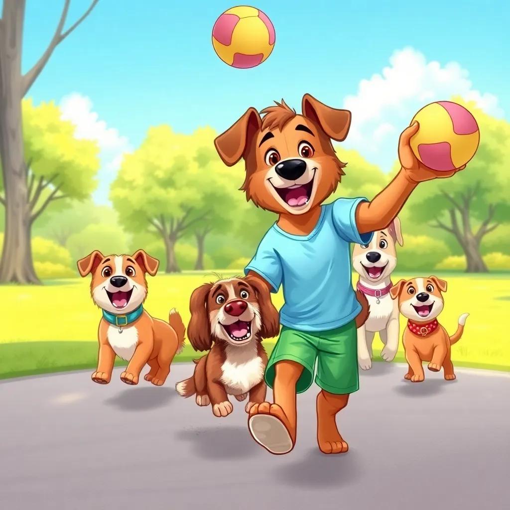 Bryan, an anthropomorphic dog with brown fur in a light blue t-shirt and green shorts, playing catch in a sunny park with Rottie, a fluffy dog with a pink collar, and their four friends - Rio, Beau, Ben, and Trevor, bright blue sky, colorful ball, joyful and energetic, detailed scene, high quality