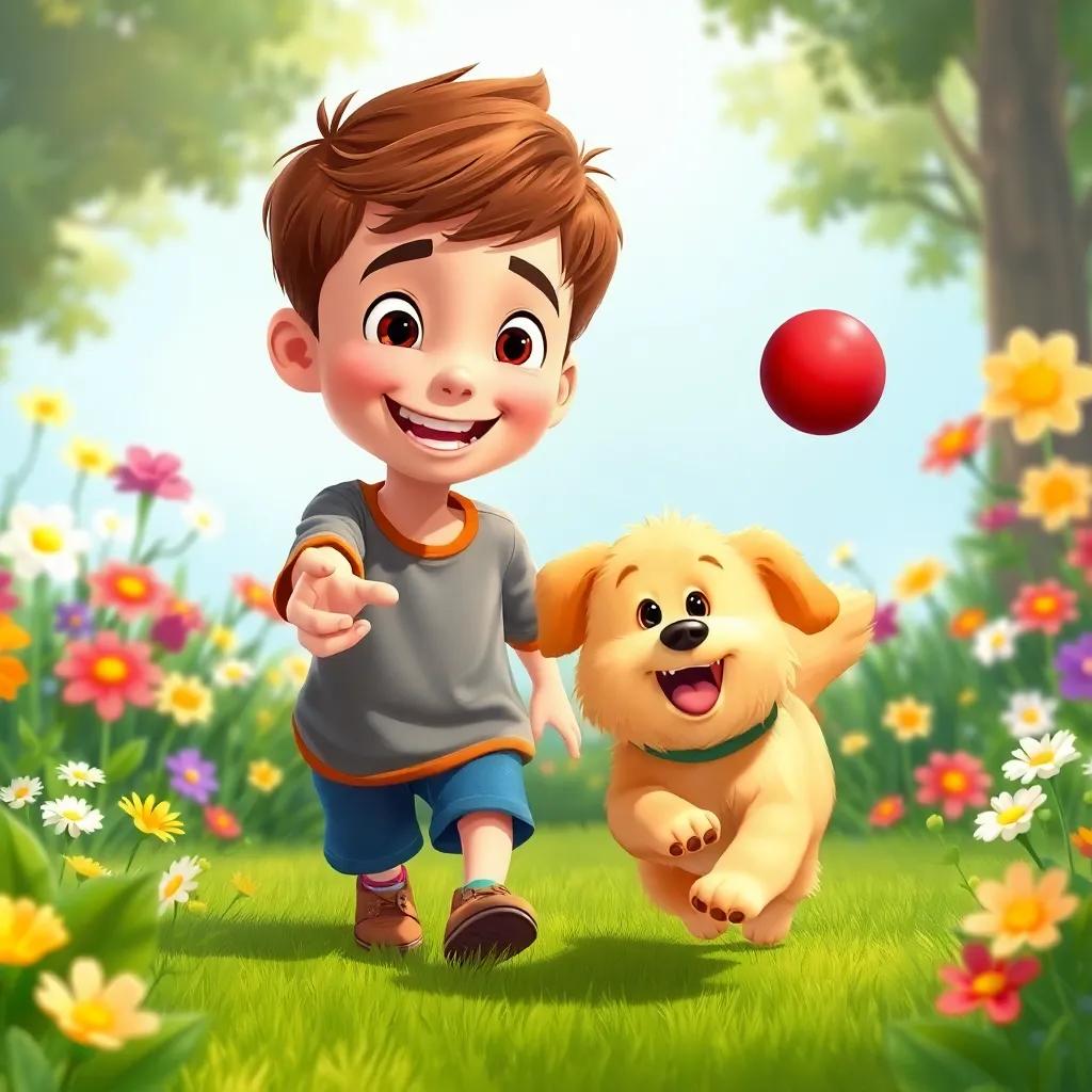 Max, smiling boy with short brown hair, throwing a bright red ball into a blooming garden, the fluffy golden dog Buddy running excitedly to fetch it, colorful flowers and green grass all around, illustration, cheerful, fun-filled, child-friendly