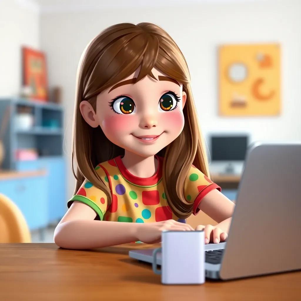 A girl named Lily, a 6-year-old Caucasian girl with long brown hair, wearing a colorful t-shirt and jeans, sitting at a table with her laptop, focused on coding her game, cheerful expression, bright room background, digital art, colorful and inviting, friendly atmosphere, high quality