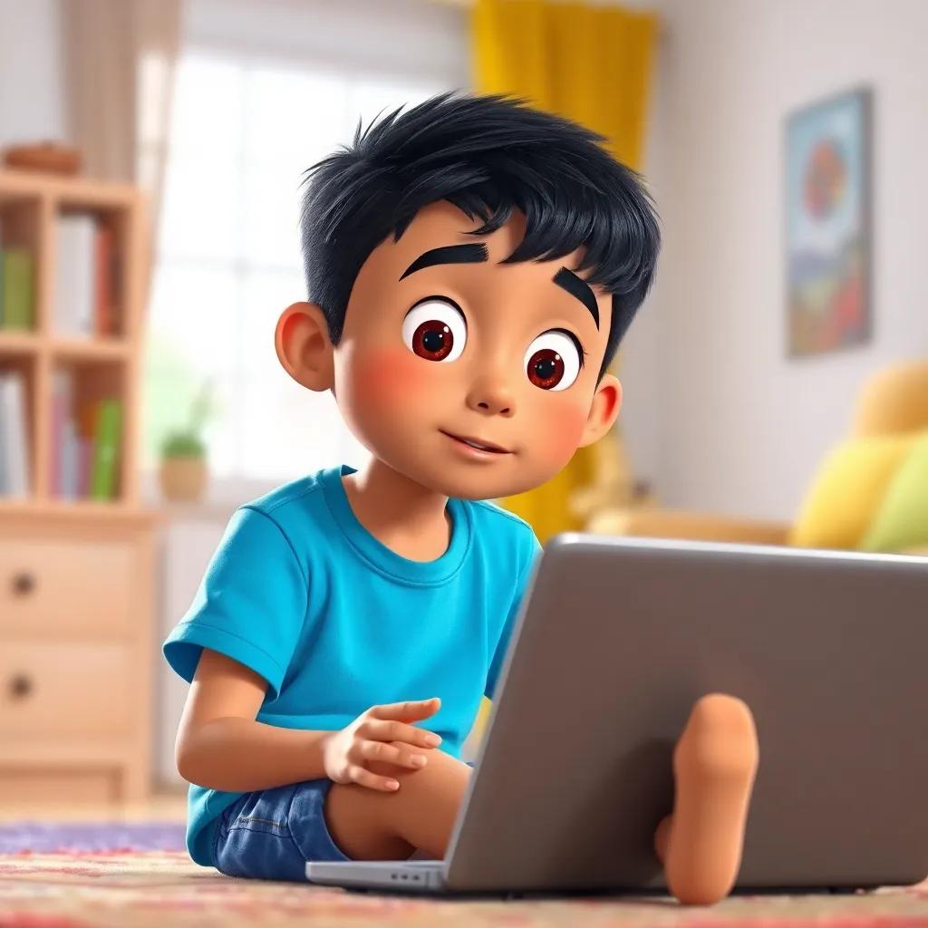 A boy named Sam, a 6-year-old Hispanic boy with short black hair, wearing a blue shirt and shorts, sitting next to Lily, looking curious and inspired, watching the laptop screen, bright room background, digital art, lively colors, engaging and child-friendly, high quality