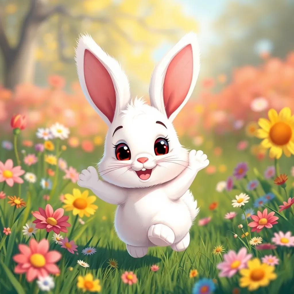 A little bunny named Bobby, with fluffy white fur and big, curious eyes, joyfully hopping in a sunny meadow with colorful flowers around, bright sunlight, cheerful atmosphere, vibrant colors, child-friendly illustration