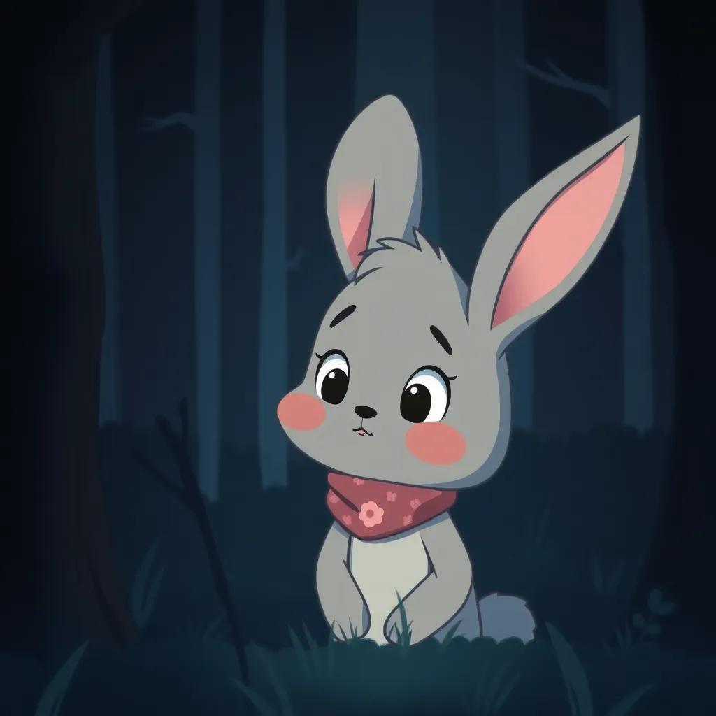 Mrs. Bunny with soft gray fur, wearing a small flower-patterned scarf, looking worried as she searches for her son Bobby in the dark, deep forest, surrounded by tall trees and shadows, concerned expression, gentle light, heartwarming scene, narrative illustration