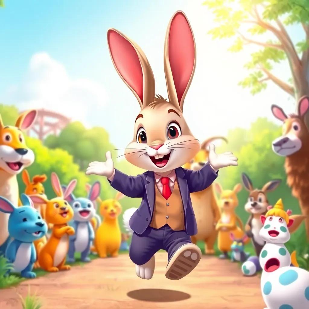Benny, the rabbit in a suit, hopping to a park filled with animals looking surprised, sunlight shining down, vibrant and colorful, joyful gathering, child-friendly illustration