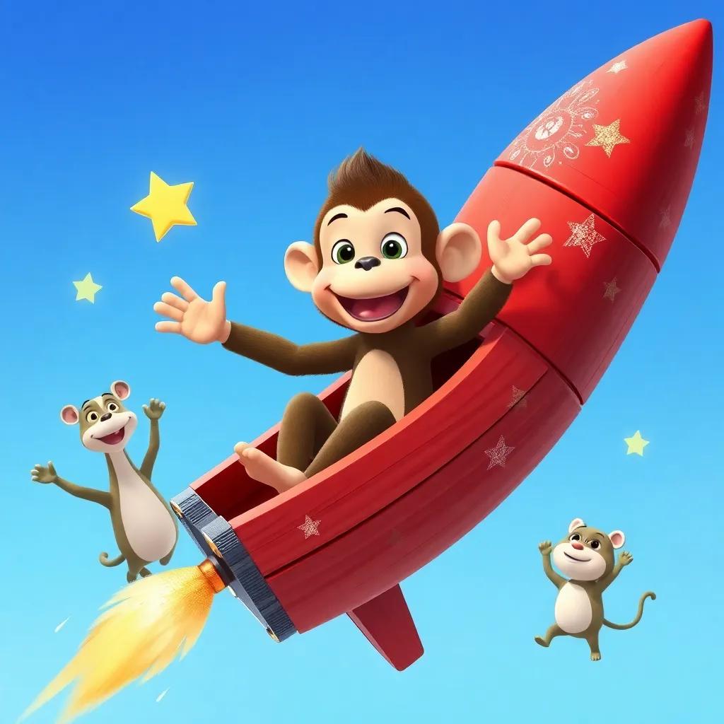 Buttpunch the monkey, sitting in a brightly painted wooden rocket, painted red with glittering stars, surrounded by animal friends waving goodbye, in a clear blue sky, illustration, cheerful, adventurous theme, child-friendly, high quality