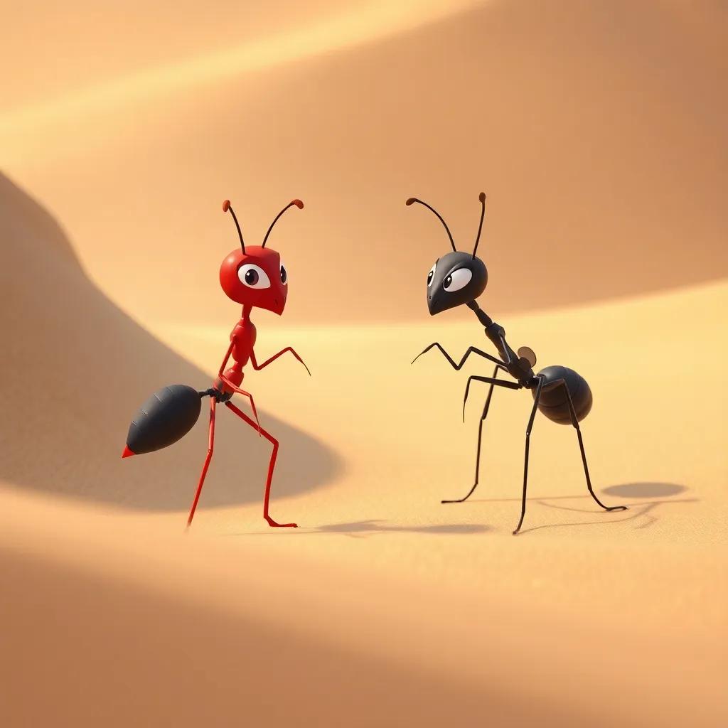 A red ant and a black ant arguing in the desert, surrounded by sand dunes, looking determined, digital art, playful, bright colors, engaging scene, high quality