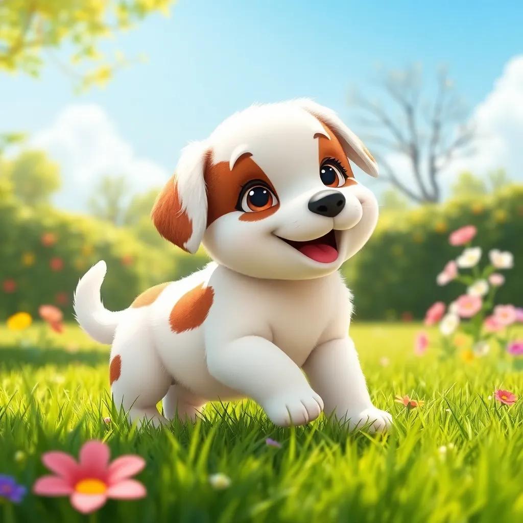 A cute puppy, Lila, with soft white fur and brown spots, playing happily in a sunny park surrounded by green grass and colorful flowers, cheerful atmosphere, digital art, vibrant colors, fun perspective, high-quality